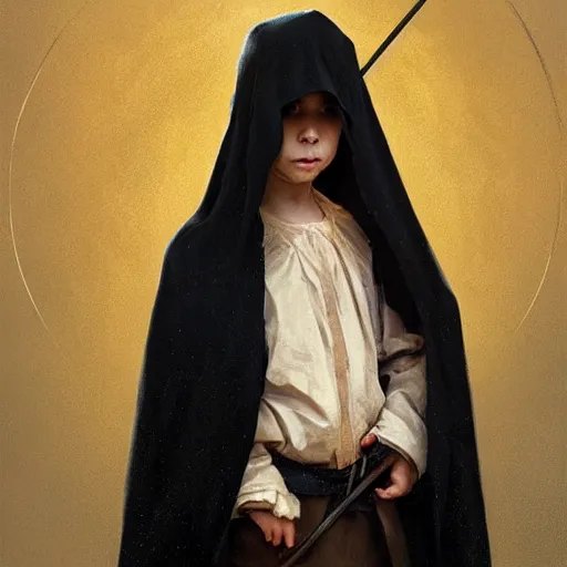 Image similar to perfectly - centered - portrait of a kid wearing black cloak holding stick, intricate, highly detailed, digital painting, artstation, concept art, smooth, sharp focus, illustration, unreal engine 5, 8 k, art by artgerm and greg rutkowski and alphonse mucha