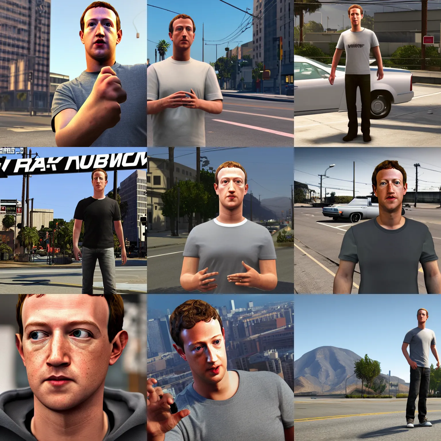 Prompt: Mark Zuckerberg in Grand Theft Auto V, 3D render