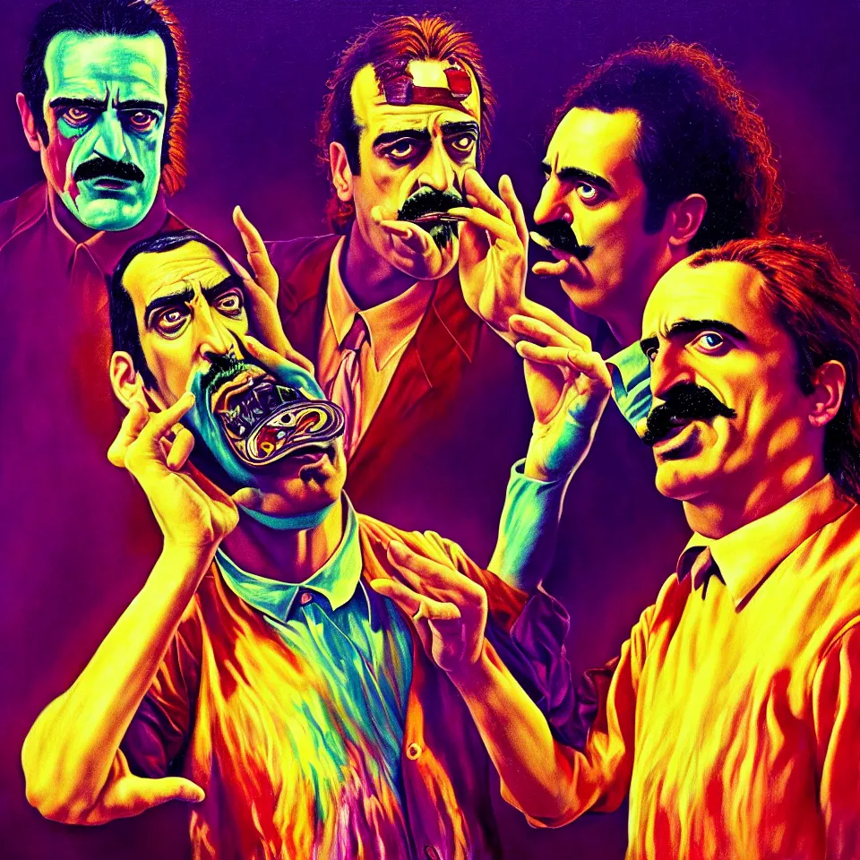 Image similar to bright psychedelic mike patton eating frank zappa who is puking hitler, diffuse lighting, fantasy, intricate, elegant, highly detailed, lifelike, photorealistic, digital painting, artstation, illustration, concept art, smooth, sharp focus, art by francis bacon