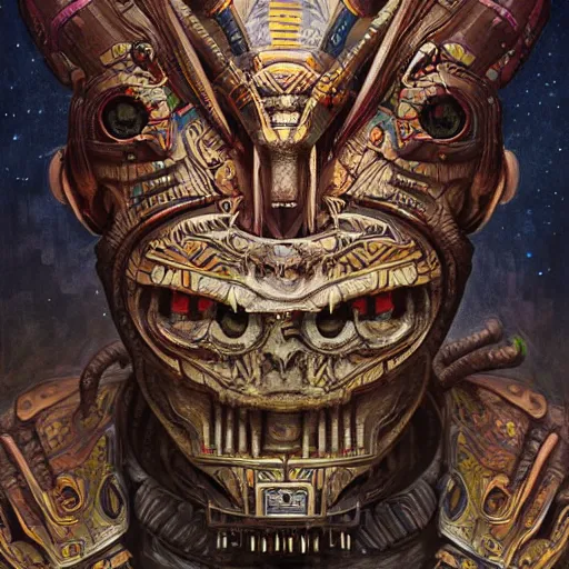 Image similar to An Alien Robot Mayan Ruler, facial tattoos, artists portrait, biomechanical, wild jungle, fantasy, highly detailed, digital painting, concept art, sharp focus, depth of field blur, illustration, art by artgerm and greg rutkowski and alphonse mucha