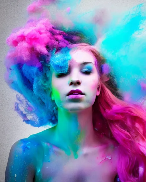 Image similar to a dramatic lighting photo of a beautiful young woman with cotton candy hair. paint splashes. with a little bit of cyan and pink