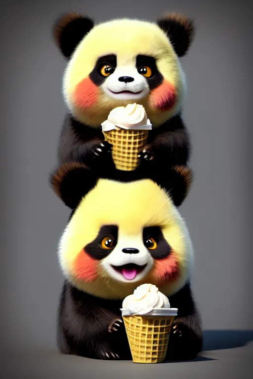 Image similar to high quality 3 d render hyperrealist very cute gothic grumpy panda & dragon hybrid eating ice cream, vray smooth, in the style of detective pikachu, very dramatic light, low angle, uhd 8 k, shallow depth or field