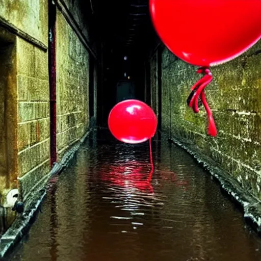 Image similar to down in the sewers of london, dark damp atmosphere, water dripping from the moss covered ceiling, a red balloon with a string attached is floating above the water