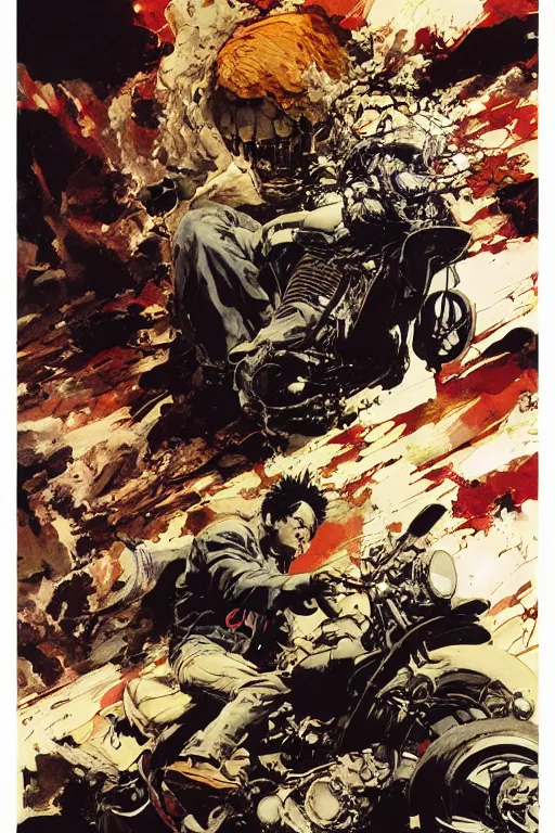 Prompt: full page detailed color illustration of tetsuo crashing his motorcycle into a the Esper Takashi, by Katsuhiro Otomo, Phil hale, Ashley wood, Ilya repin, frank frazetta, 8k, hd, high resolution print