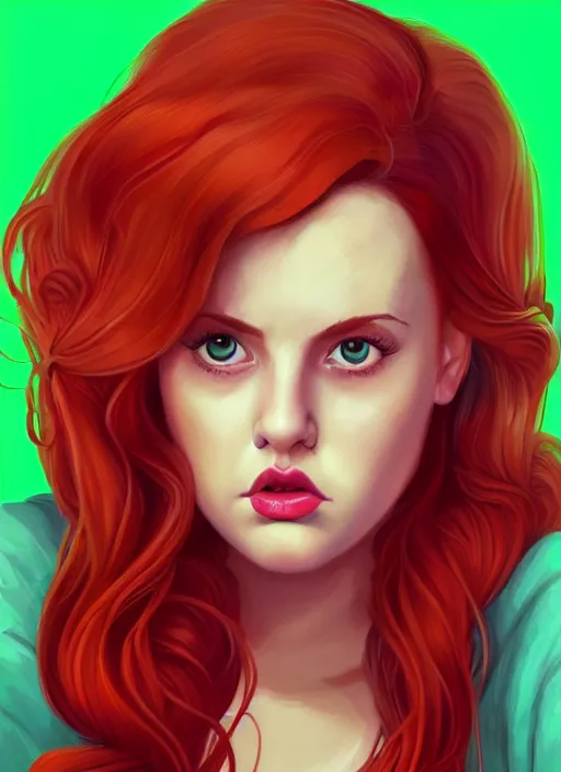 Image similar to full body portrait of teenage cheryl blossom, obese, bangs, green eyes, sultry, realistic, red hair, sultry smirk, wavy hair, pink skirt, fat, intricate, elegant, glowing lights, highly detailed, digital painting, artstation, concept art, smooth, sharp focus, illustration, art by wlop, mars ravelo and greg rutkowski