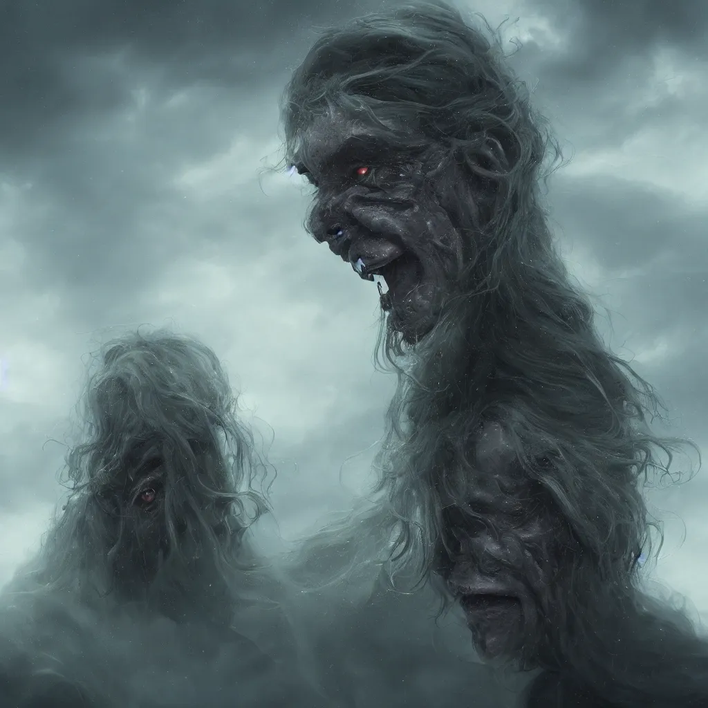 Image similar to a close up portrait of a creepy grotesque sea witch with dark turbulent skies, photorealistic, by jessica rossier, 4 k resolution