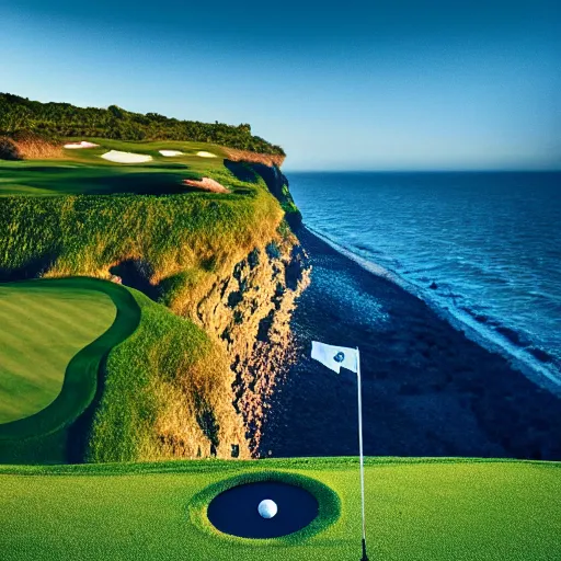 Prompt: a great photograph of the most amazing golf hole in the world, cliffs by the sea, perfect green fairway, human perspective, ambient light, 5 0 mm, golf digest, top 1 0 0, golden hour