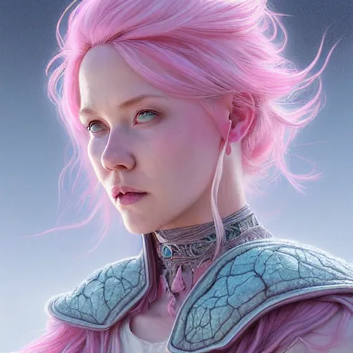 Image similar to pink haired mage medium portrait, female, glacier landscape, norway, d & d, fantasy, intricate, elegant, highly detailed, digital painting, pink and teal color palette, artstation, octane render, concept art, matte, sharp focus, illustration, herrarthstone, art by artgerm and greg rutkowski and alphonse mucha