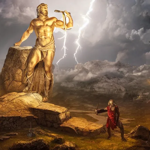 Prompt: in the ruins of mount oylmpus the roman gods look down on the mortals, zeus holds a lightning rod and thor has his hammer, digital art, 4 k,