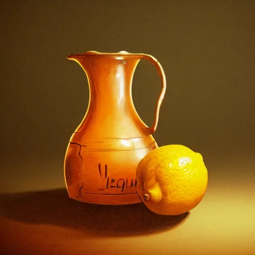 Image similar to still art, antique jug with palms inside on wooden antique table, old candle, much vegetables, lemon, orange, pepper, cinematic light, contrast shadows, dark light, detailed, digital art, concept art, trending on artstation, highly detailed, intricate, sharp focus, digital art, 8 k