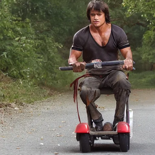 Prompt: rambo from first blood on a kick scooter