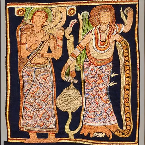 Image similar to adam, eve and the serpent, detailed, intricate embroidery, style of hindu scripts, india, 1 0 0 bc