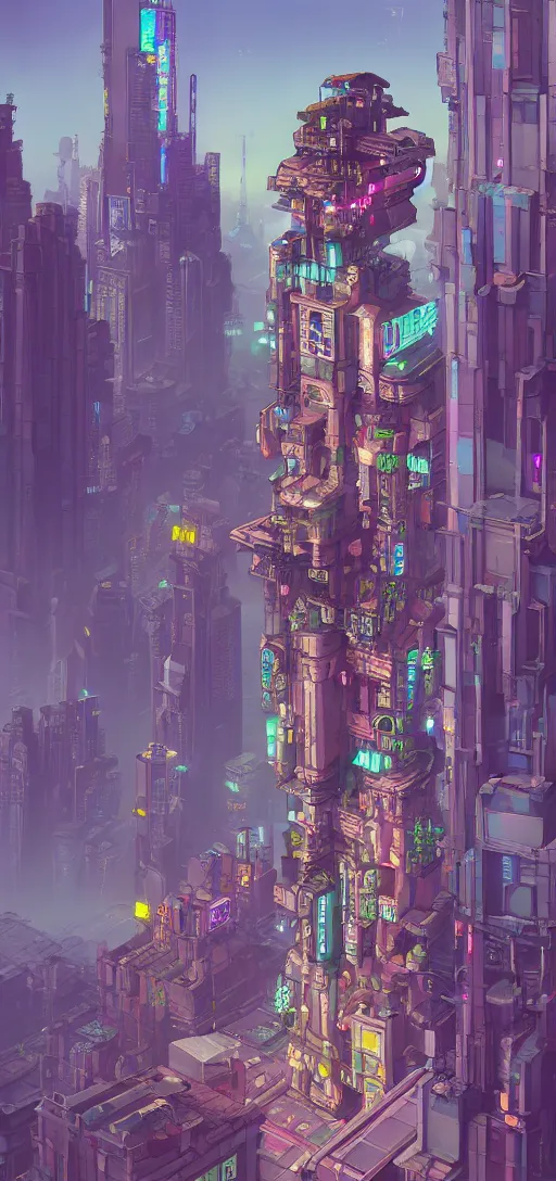 Image similar to A beautiful painting of the most emblematic facade of a cyberpunk gotic, pixelart by Studio Ghibli and Moebius, octane render, zbrush, extremely detailed, pastel colors, trending on artstation