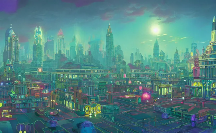 Image similar to Wide angle shot of a city with holographic fishes floating in the sky by James Gilleard, Mark Ryden, Wolfgang Lettl highly detailed, Dark cineamtic and atmospheric lighting