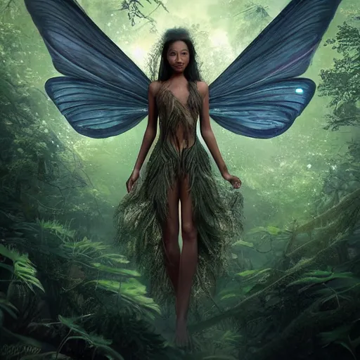 Prompt: a beautiful winged fairy portrait with brown skin, insanely detailed and intricate, flying in a beautiful alien forrest, deep in the woods, glowing floating particles, matte painting, cinematic, cgsociety, ross tran