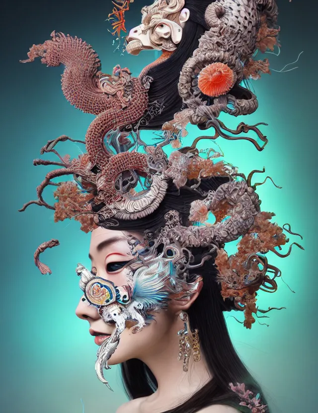 Image similar to 3 d goddess half - turn portrait with ram skull. beautiful intricately detailed japanese crow kitsune mask and clasical japanese kimono. betta fish, jellyfish phoenix, bio luminescent, plasma, ice, water, wind, creature, artwork by tooth wu and wlop and beeple and greg rutkowski