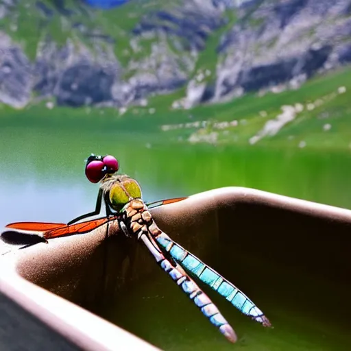 Image similar to dragonfly in a bathtub in the alps, goats!! in background