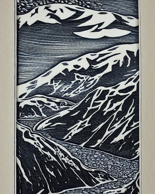 Image similar to an award winning Wood engraving on paper of Canadian mountains