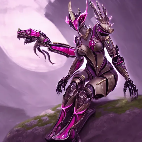 Image similar to highly detailed exquisite fanart, of a beautiful female warframe, but as an anthropomorphic robot dragon, sitting on a soft green sofa, with robot dragon head, off-white plated armor, bright Fuchsia skin, full body shot, epic cinematic shot, realistic, professional digital art, high end digital art, DeviantArt, artstation, Furaffinity, 8k HD render, epic lighting, depth of field