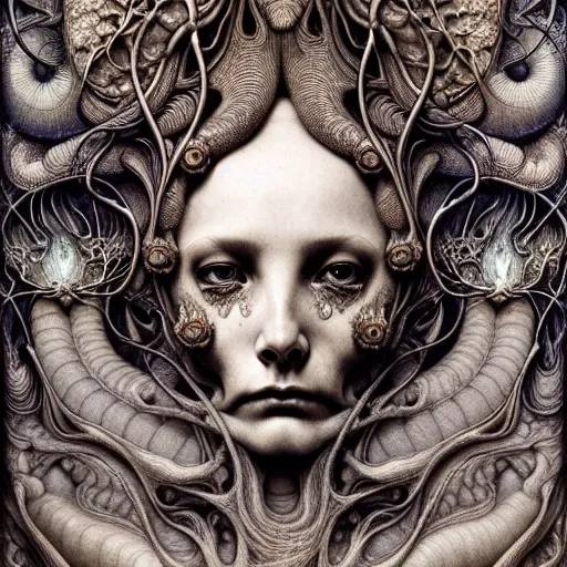 Image similar to detailed realistic beautiful calaveras death goddess face portrait by jean delville, gustave dore, iris van herpen and marco mazzoni, art forms of nature by ernst haeckel, art nouveau, symbolist, visionary, gothic, neo - gothic, pre - raphaelite, fractal porcelain lace, intricate alien botanical biodiversity, surreality, hyperdetailed ultrasharp octane render