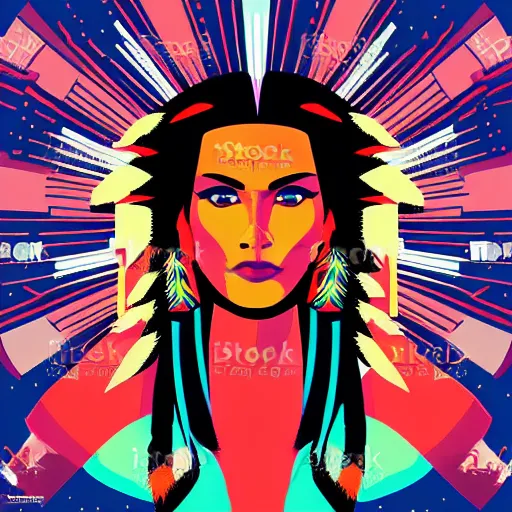 Image similar to a portrait of a beautiful native american woman, in retro colors, synthwave style, 2 d digital vector art
