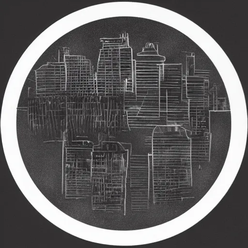 Image similar to a perfect circle where the inside is empty blank space and around the outer edge of the circle is the silhouette of a city skyline, black and white, minimalist, in the style of a charcoal drawing, made by david mellen