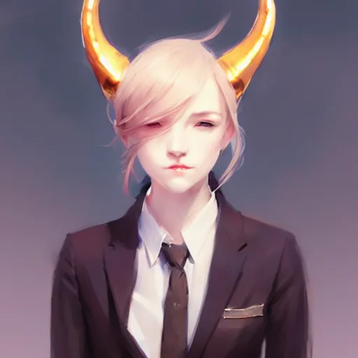 Image similar to character design portrait of a beatiful anthropomorphic furry dragon girl with dragon horns, wearing a suits, looking at the camera, 4 k, concept art, by wlop, wenjun lin, watercolor, ilya kuvshinov, artgerm, krenz cushart, pixiv.