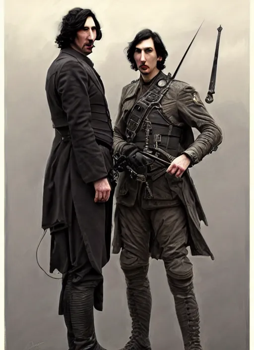 Image similar to painting of both john oliver and adam driver together, john oliver, stoic, full body, military uniform, fantasy, intricate, elegant, beautiful, highly detailed, charcoal, centered, dark, smokey, digital painting, concept art, smooth, sharp focus, illustration, art by artgerm, art by greg rutkowski, art by alphonse mucha