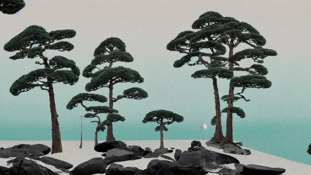 Image similar to a seaside landscape with sequoia trees, japan, a collage painting, in the style of wes anderson, lola dupre, david hockney, isolated on negative white space background dark monochrome neon spraypaint accents volumetric octane render