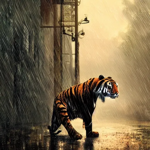 Image similar to A tiger walking in the rain, cinematic lighting, dramatic atmosphere, by Dustin Nguyen, Akihiko Yoshida, Greg Tocchini, Greg Rutkowski, Cliff Chiang, 4k resolution, trending on artstation,1900s