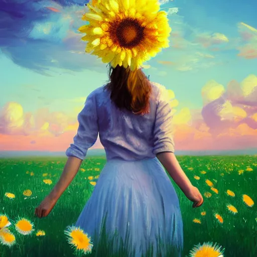 Image similar to girl with a giant daisies head, surreal photography, flower field, sunset dramatic light, impressionist painting, colorful clouds, blue sky, digital painting, artstation, simon stalenhag