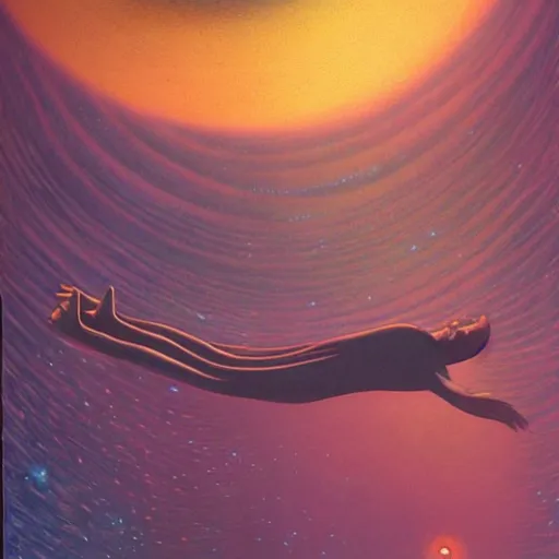 Prompt: A person floating through space in a lucid dream by David A. Hardy