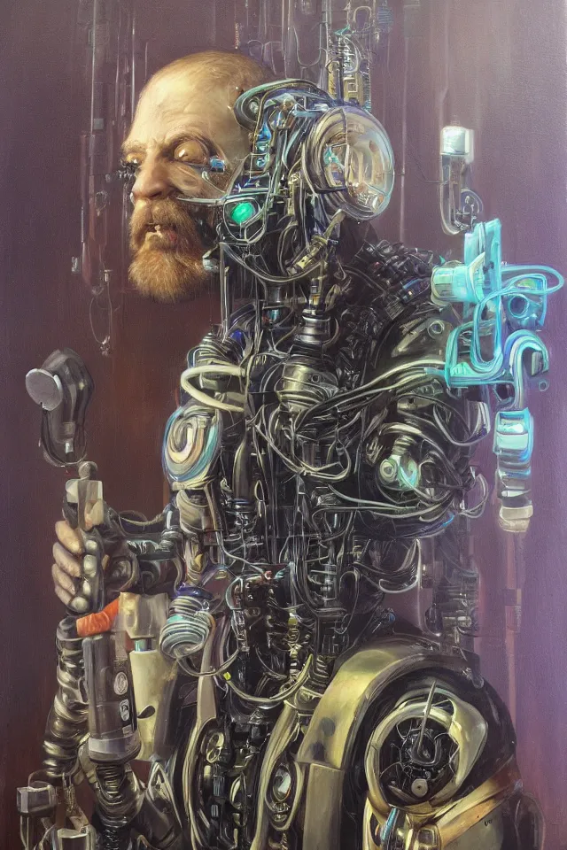 Prompt: a striking oil on canvas portrait of a cybernetic cyberpunk eurorack dwarf with cable beard in the style of Brom