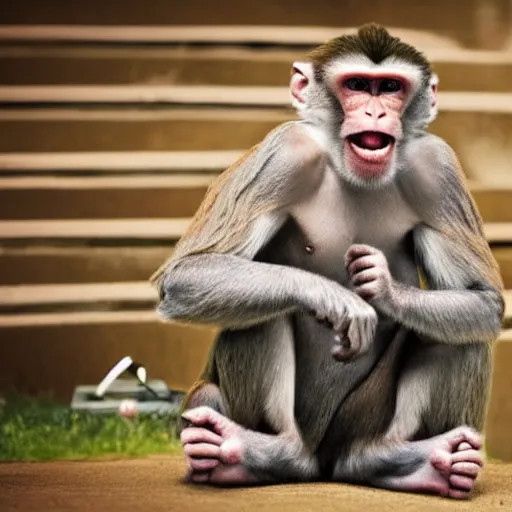 Image similar to an angry monkey listening to music with earphones, his family are trying to talk to him but he cannot hear them