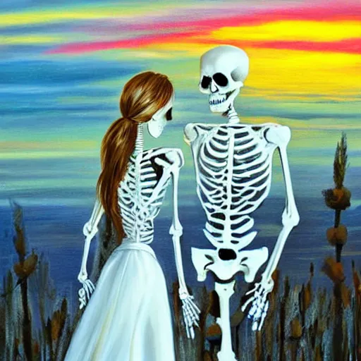 Image similar to skeleton wedding, sunset, cheerful, painting