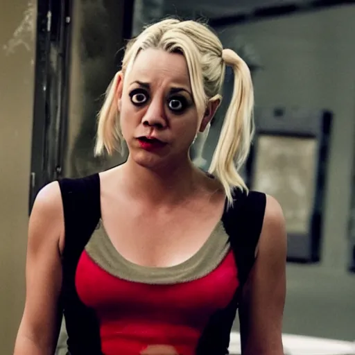 Image similar to A still of Kaley Cuoco portraying Harley Quinn