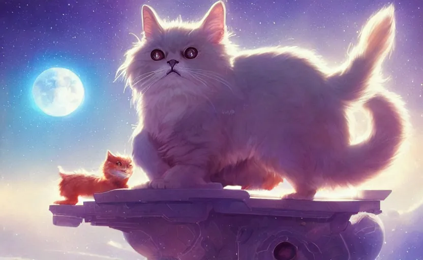 Image similar to a beautiful persian space cat sitting atop a small spaceship on an alien planet in a space opera studio ghibli film, volumetric lighting, beautiful composition, artwork by artgerm, loish, greg rutkowski