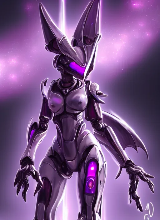 Image similar to cinematic goddess close shot, beautiful stunning anthropomorphic robot mecha female dragon, sleek head, metal ears, led purple eyes, smooth fuschia skin, smooth silver armor, floating in space, holding a galaxy, epic proportions, epic size, epic detail, furry art, dragon art, giantess art, warframe fanart, furaffinity, octane