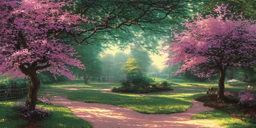 Prompt: calm cherry tree grove. By thomas kinkade.