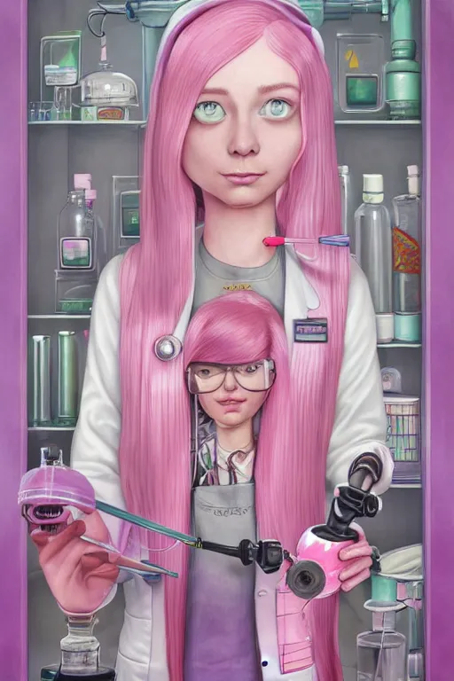 Prompt: highly detailed, industrial profile portrait of adult princess bubblegum from adventure time, experimenting in her science lab, wearing lab coat, long bubblegum hair, long straight bangs, confident, beautiful, attractive, illustration concept art by nicoletta ceccoli, mark ryden, lostfish, detailed and intricate environment, 8 k resolution, hyperrealistic, octane render, deviant art