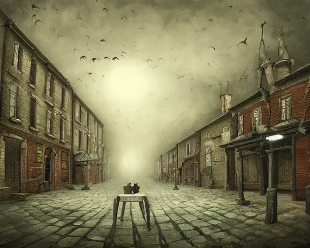 Image similar to a painting of a towns square in an eerie small village filled with bizarre otherworldly creatures walking around the town, by anton semenov