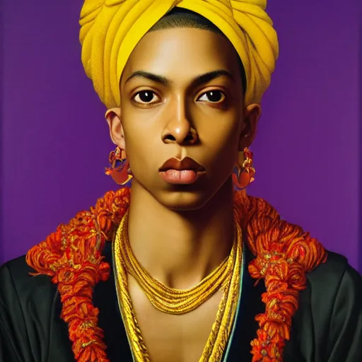 Prompt: A portrait of a skinny trendy and enchanting non-binary person, light skin tone, Indian, oil painting by Kehinde Wiley, majestic, detailed, high resolution