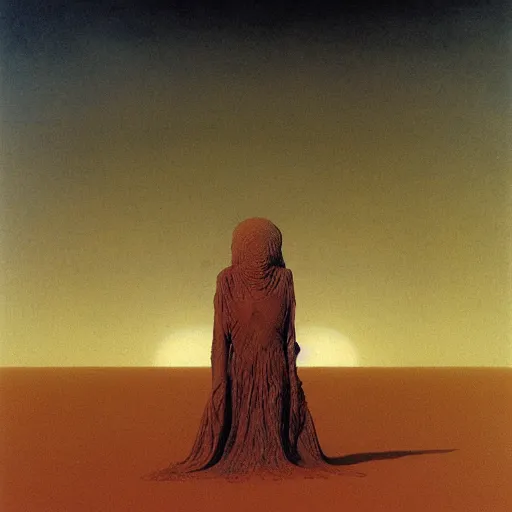 Prompt: two psychopaths cross the desert with a giant sun in the sky burning everything around them painting by Zdzisław Beksiński