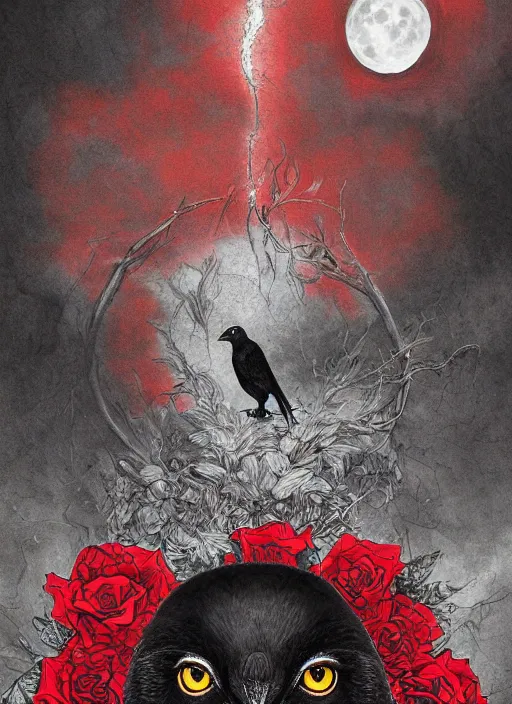 Image similar to portrait, A crow with red eyes in front of the full big moon, book cover, red roses, red white black colors, establishing shot, extremly high detail, foto realistic, cinematic lighting, pen and ink, intricate line drawings, by Yoshitaka Amano, Ruan Jia, Kentaro Miura, Artgerm, post processed, concept art, artstation, matte painting, style by eddie mendoza, raphael lacoste, alex ross