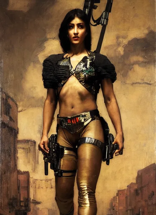 Image similar to Sophia. cyberpunk gymnast wearing a military vest and combat gear. (Cyberpunk 2077, bladerunner 2049). Iranian orientalist portrait by john william waterhouse and Edwin Longsden Long and Theodore Ralli and Nasreddine Dinet, oil on canvas. Cinematic, hyper realism, realistic proportions, dramatic lighting, high detail 4k