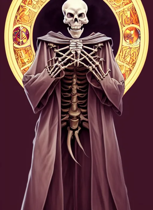 Image similar to overlord, undead skeleton king, wearing an academic gown, tarot card, highly detailed, deep focus, elegant, digital painting, smooth, sharp focus, illustration, ultra realistic, 8 k, art by artgerm and alphonse mucha