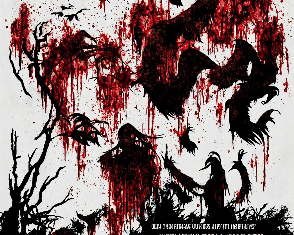 Image similar to a horror movie poster featuring a christmas card with a sinister demon and vultures, covered in blood