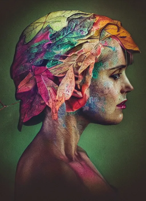 Prompt: a beautiful woman's face in profile made of colorful leaf skeleton, in the style of the dutch masters and gregory crewdson, dark and moody,