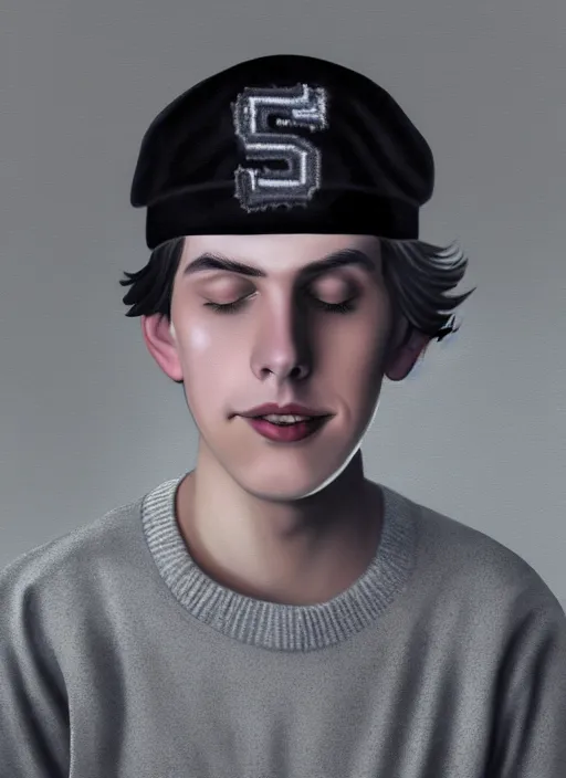 Image similar to portrait of teenage jughead jones wearing a light grey crown, photorealistic, crown, eyes closed, crown, black hair, sweater with letter s on it, letter s, intricate, elegant, glowing lights, highly detailed, digital painting, artstation, concept art, smooth, sharp focus, illustration, art by wlop, mars ravelo and greg rutkowski