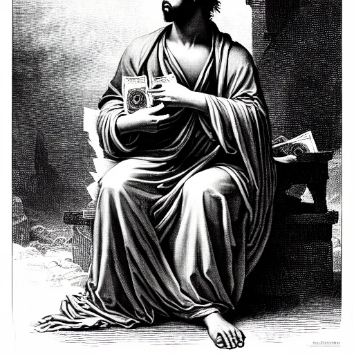 Image similar to lil durk rapper holding stacks of cash, biblical image, style of gustave dore, highly detailed, beautiful, high contrast, black and white
